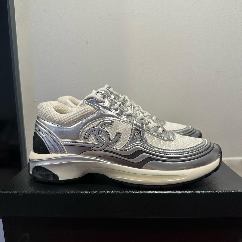 CHANEL Women's Metallic Silver and White Sneakers - Picture 2 of 7